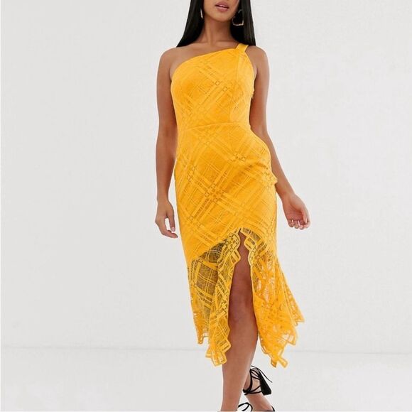 ASOS Lace Midi Dress Yellow One Shoulder NEW 10 Tall - Picture 3 of 10